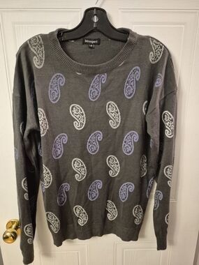 Introspect Paisley Knit Crewneck Sweater - Grey & Purple - Size Large